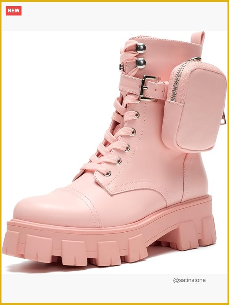Platform Combat Boots - Lace Up Chunky Ankle Booties With Zippered Pouch - Side
